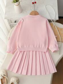SHEIN Young Girl Pink Sweater Set, Handmade Organza Bow, Round Neck, Dropped Shoulder, Long Sleeve Pullover Sweater + Matching Pleated Skirt Winter - Pink - View 2