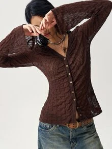 Bohemela Casual Boho Knitted Printed Women's Top Vacation Brown - Brown - View 7