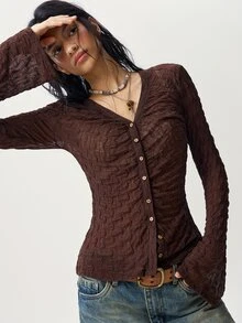 Bohemela Casual Boho Knitted Printed Women's Top Vacation Brown - Brown - View 6