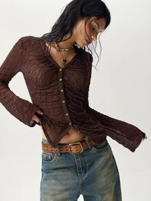 Bohemela Casual Boho Knitted Printed Women's Top Vacation Brown - Brown - View 5