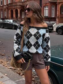 SHEIN LUNE Women's Off-Shoulder Sweater, Y2K Elegant Argyle Pattern Round Neck Long Sleeve Knit Pullover, Casual Outdoor Wear, Autumn/Winter - Multicolor - View 1