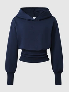 SHEIN 青少年女孩長袖連帽高腰黑色運動衫，萬聖節秋季基礎休閒風，適合健身房與學校 - 藏蓝色 - 查看 4