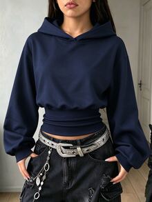 SHEIN 青少年女孩長袖連帽高腰黑色運動衫，萬聖節秋季基礎休閒風，適合健身房與學校 - 藏蓝色 - 查看 8