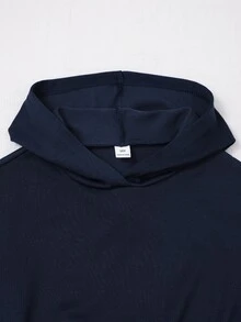 SHEIN 青少年女孩長袖連帽高腰黑色運動衫，萬聖節秋季基礎休閒風，適合健身房與學校 - 藏蓝色 - 查看 5