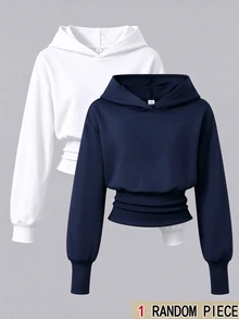 SHEIN 青少年女孩長袖連帽高腰黑色運動衫，萬聖節秋季基礎休閒風，適合健身房與學校 - 藏蓝色 - 查看 9