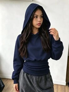 SHEIN 青少年女孩長袖連帽高腰黑色運動衫，萬聖節秋季基礎休閒風，適合健身房與學校 - 藏蓝色 - 查看 3