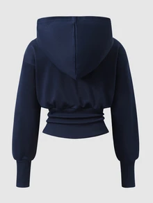 SHEIN 青少年女孩長袖連帽高腰黑色運動衫，萬聖節秋季基礎休閒風，適合健身房與學校 - 藏蓝色 - 查看 2
