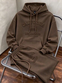 Aesthetic Post 男士字母壓紋抽繩連帽衛衣與運動長褲棕色套裝 - 棕色 - 查看 9