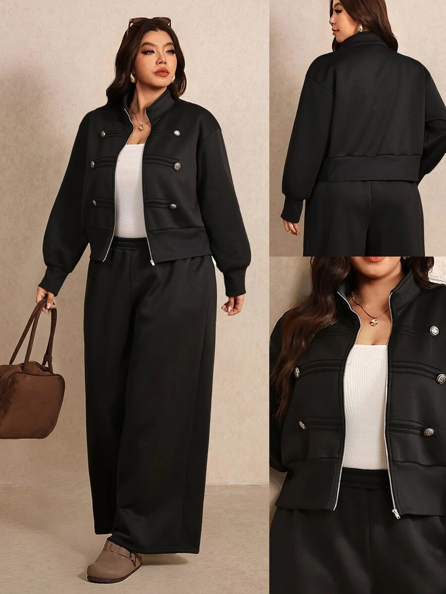 Elaquor Plus Size Women Solid Color Long Sleeve Jacket And Pants Casual Funny Baggy Daily 2 Pieces Set Homewear Going Out Vacation Black Set For Women Fall - Black - View 1