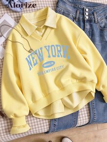 SHEIN Tween Girls Fall Clothes Sweatshirt, Casual Streetwear Downtown Girl College Style, 2 In 1 Shirt Collar Numeric Letter Print Leopard Pattern Loose - Yellow - View 1