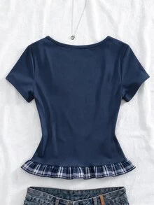 SHEIN Sweetra Young Teen Girls, An Elegant Y2K-Style Short-Sleeve Knit Top , Featuring Button Detailing On The Front And Suitable For A Variety Of Occasions - Navy Blue - View 2