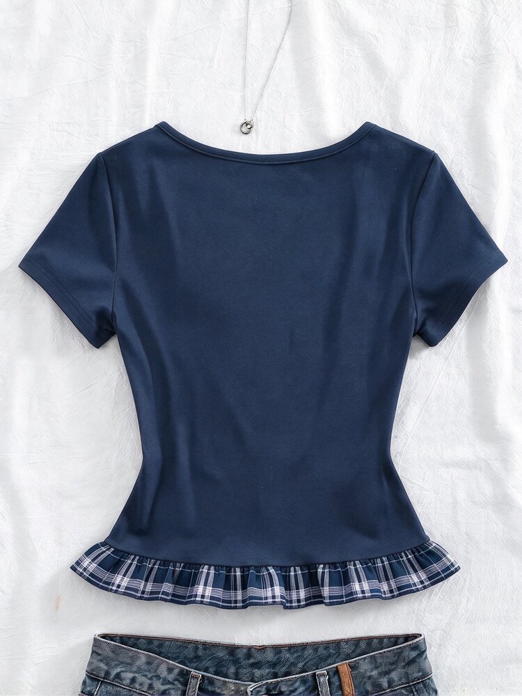 SHEIN Sweetra Young Teen Girls, An Elegant Y2K-Style Short-Sleeve Knit Top , Featuring Button Detailing On The Front And Suitable For A Variety Of Occasions - Navy Blue - View 2