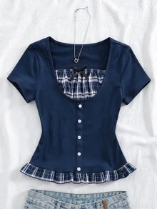 SHEIN Sweetra Young Teen Girls, An Elegant Y2K-Style Short-Sleeve Knit Top , Featuring Button Detailing On The Front And Suitable For A Variety Of Occasions - Navy Blue - View 3
