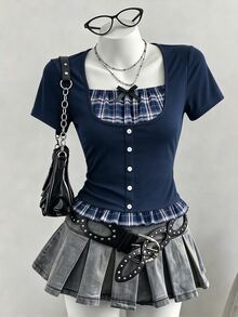 SHEIN Sweetra Young Teen Girls, An Elegant Y2K-Style Short-Sleeve Knit Top , Featuring Button Detailing On The Front And Suitable For A Variety Of Occasions - Navy Blue - View 1