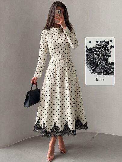 NOVVYNE Women's Cream Polka Dot Stand Collar Long Sleeve Midi Dress, Belted A Line Dress With Black Lace Hem For Wedding Guest Christmas Dinner