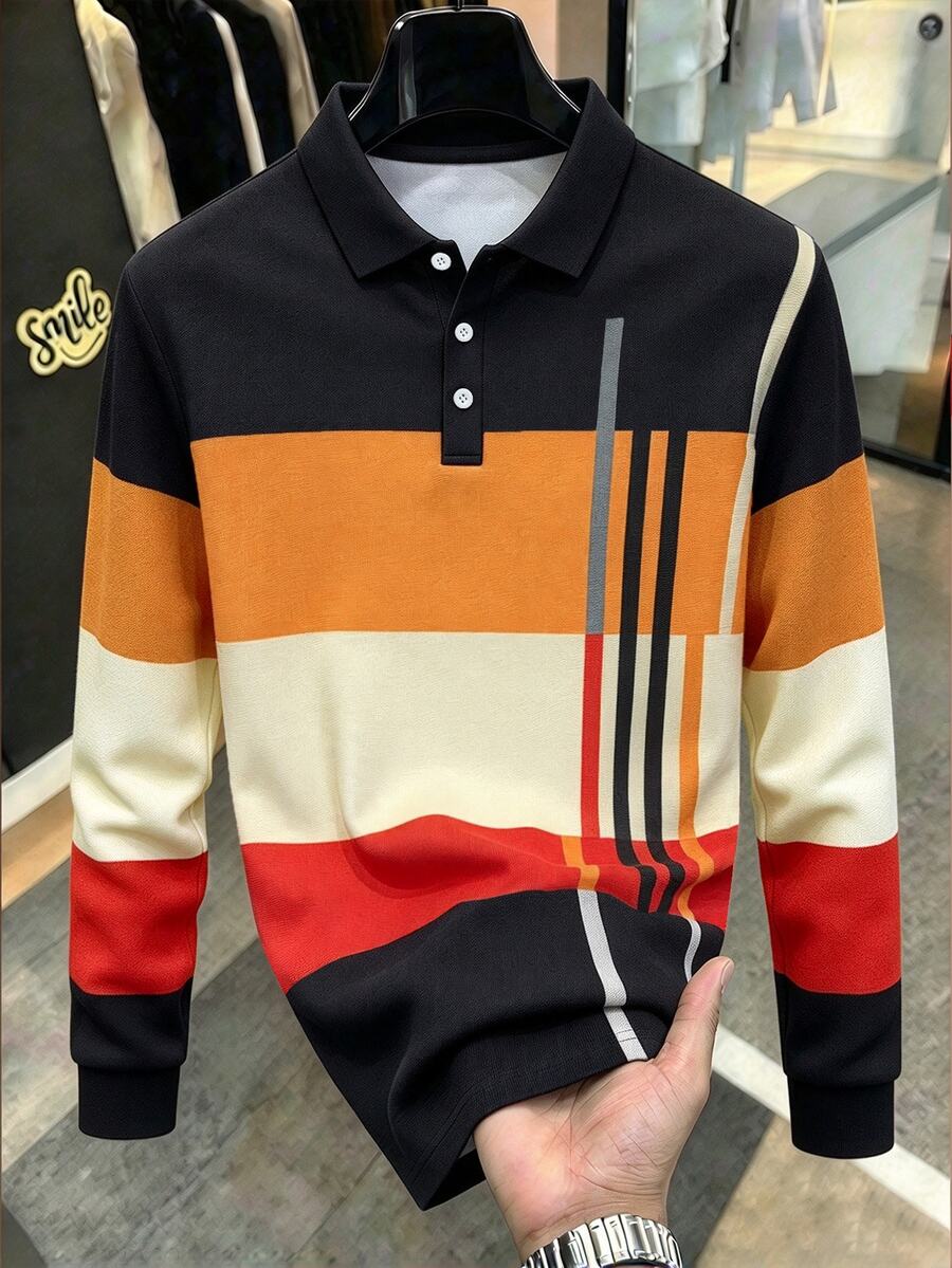 Manfinity Homme 男士撞色条纹图案 Polo 衫，秋季款，长袖上衣 - 橘色 - 查看 1