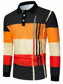 Manfinity Homme 男士撞色条纹图案 Polo 衫，秋季款，长袖上衣 - 橘色 - 查看 4