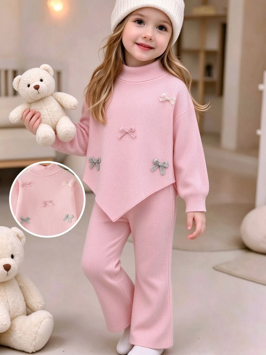 SHEIN Girls 2pcs Pink Sweater Set, High Neck Round Neck Pullover Long Sleeve Sweater With Pink Knit Wide Leg Pants, 3D Bow Decor Winter - Pink - View 1