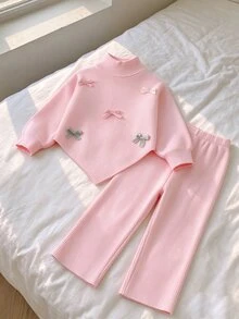 SHEIN Girls 2pcs Pink Sweater Set, High Neck Round Neck Pullover Long Sleeve Sweater With Pink Knit Wide Leg Pants, 3D Bow Decor Winter - Pink - View 7