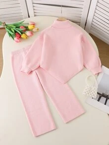 SHEIN Girls 2pcs Pink Sweater Set, High Neck Round Neck Pullover Long Sleeve Sweater With Pink Knit Wide Leg Pants, 3D Bow Decor Winter - Pink - View 2