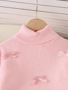 SHEIN Girls 2pcs Pink Sweater Set, High Neck Round Neck Pullover Long Sleeve Sweater With Pink Knit Wide Leg Pants, 3D Bow Decor Winter - Pink - View 4