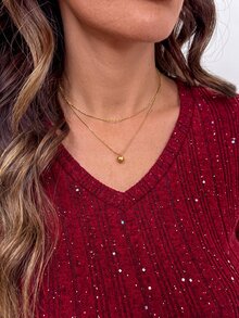 SHEIN Clasi V-Neck Slim Fit Ruched Red T-Shirt New Year Night Party Dinner Cocktail Fall Elegant Sexy Sequin Christmas - Burgundy - View 5