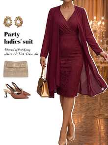 Fleurora Plus Size Women's Solid Color Long Sleeve Cardigan And Dress Elegant Romantic 2 Pieces Set New Year Wedding Party Cocktail Formal Burgundy Christmas - Burgundy - View 5