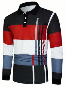 Manfinity Homme 男士条纹印花撞色 Polo 衫，秋季款，长袖上衣 - 紅色 - 查看 7