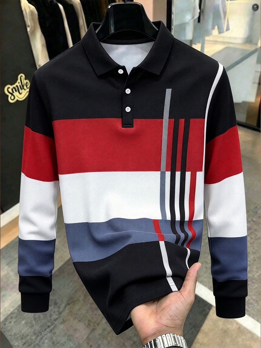 Manfinity Homme 男士条纹印花撞色 Polo 衫,秋季款,长袖上衣 - 紅色 - 查看 1
