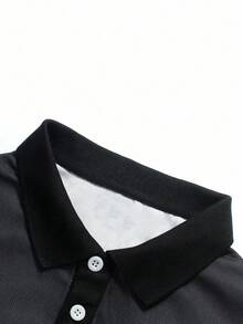 Manfinity Homme 男士条纹印花撞色 Polo 衫，秋季款，长袖上衣 - 紅色 - 查看 4