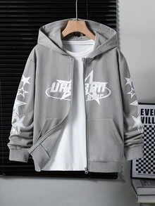 SHEIN Coolqubz Tween Boys Star Print High Street Baggy Zip-Up Hooded Jacket Autumn Graduation Gym Grey - Light Grey - View 4