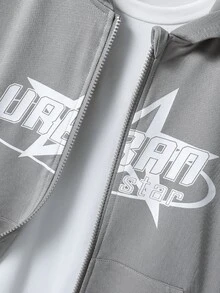 SHEIN Coolqubz Tween Boys Star Print High Street Baggy Zip-Up Hooded Jacket Autumn Graduation Gym Grey - Light Grey - View 5