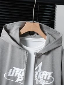 SHEIN Coolqubz Tween Boys Star Print High Street Baggy Zip-Up Hooded Jacket Autumn Graduation Gym Grey - Light Grey - View 6