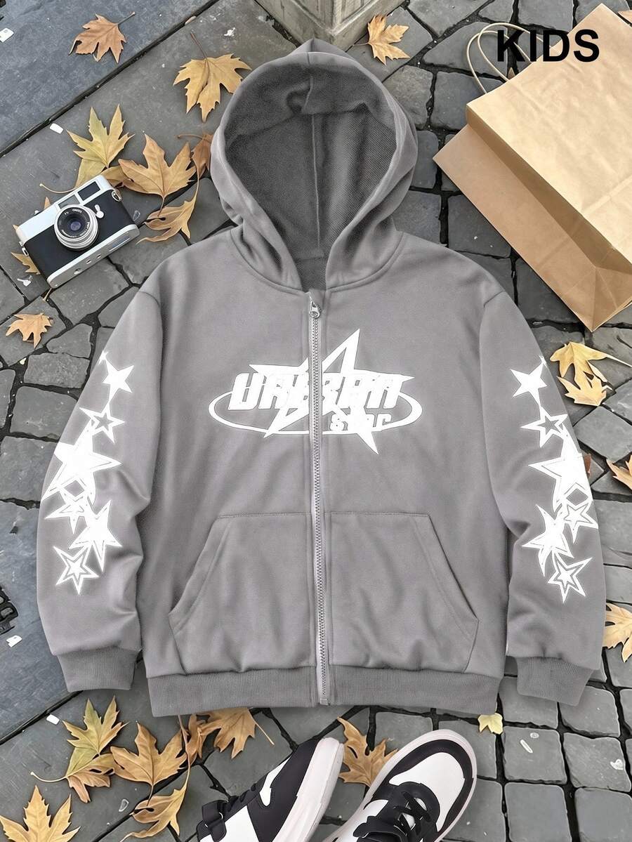 SHEIN Coolqubz Tween Boys Star Print High Street Baggy Zip-Up Hooded Jacket Autumn Graduation Gym Grey