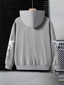 SHEIN Coolqubz Tween Boys Star Print High Street Baggy Zip-Up Hooded Jacket Autumn Graduation Gym Grey - Light Grey - View 3