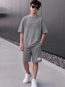 SHEIN Vacaura 2pcs Teen Boy Summer Outfit Streetwear Baggy Grey Graphic Pullover T-Shirt And Shorts Set Back-To-School Casual Sixth Form Rave - Light Grey - View 2
