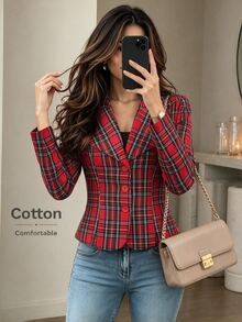 Easowa Women Fall Winter Stylish Ladies Plaid Christmas Blazer Festive Button Up Long Sleeve Cotton Jacket - Red - View 2