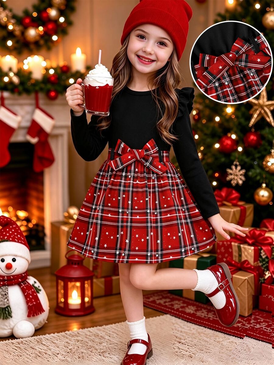 Young Girls Black Plaid Dress, Long Sleeve Ruffle Shoulder Star Print Gown, Fairy Matching Patchwork Bow Belt A-Line Skirt For Christmas 7th Birthday - Red - View 1