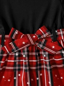 Young Girls Black Plaid Dress, Long Sleeve Ruffle Shoulder Star Print Gown, Fairy Matching Patchwork Bow Belt A-Line Skirt For Christmas 7th Birthday - Red - View 6