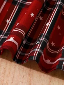 Young Girls Black Plaid Dress, Long Sleeve Ruffle Shoulder Star Print Gown, Fairy Matching Patchwork Bow Belt A-Line Skirt For Christmas 7th Birthday - Red - View 7