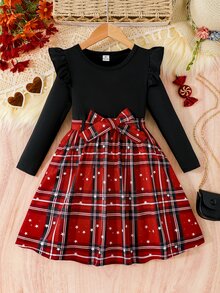 Young Girls Black Plaid Dress, Long Sleeve Ruffle Shoulder Star Print Gown, Fairy Matching Patchwork Bow Belt A-Line Skirt For Christmas 7th Birthday - Red - View 8