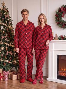 Manfinity CasualKnits طقم كاجوال رجالي من قميص بأكمام طويلة بنقشة كاروهات وأزرار أمامية وبنطلون - الأحمر - مشاهدة 2