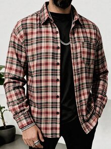 Manfinity CasualCool Men's Plaid Pocket Single-Breasted Long Sleeve Fashion Shirt - Multicolor - View 5