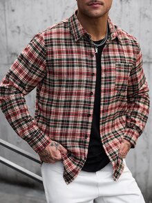 Manfinity CasualCool Men's Plaid Pocket Single-Breasted Long Sleeve Fashion Shirt - Multicolor - View 6
