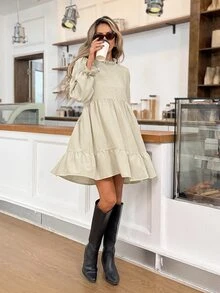 Easowa Women's Frill Trim Stand Collar Long Sleeve Casual Short Dress - Apricot - View 6