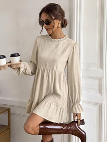 Easowa Women's Frill Trim Stand Collar Long Sleeve Casual Short Dress - Apricot - View 1
