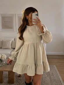 Easowa Women's Frill Trim Stand Collar Long Sleeve Casual Short Dress - Apricot - View 2