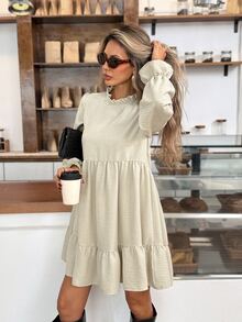 Easowa Women's Frill Trim Stand Collar Long Sleeve Casual Short Dress - Apricot - View 4