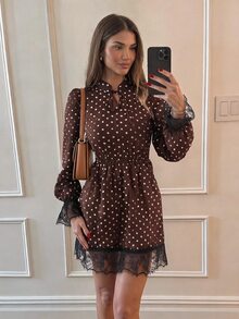 Easowa Women's Polka Dot Tie Neck Contrast Lace Fashion Short Dress - Brown - View 1