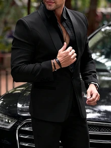 Calvornis 男士黑色正式西裝外套，優雅秋季單排扣缺口領西裝，適用商務休閒、派對、宴會、婚禮、典禮、通勤、新年 - 黑色 - 查看 3